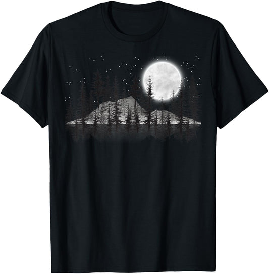 Mountain Forest, Moon and Stars Night Sky T-Shirt - T-Shirt | Black