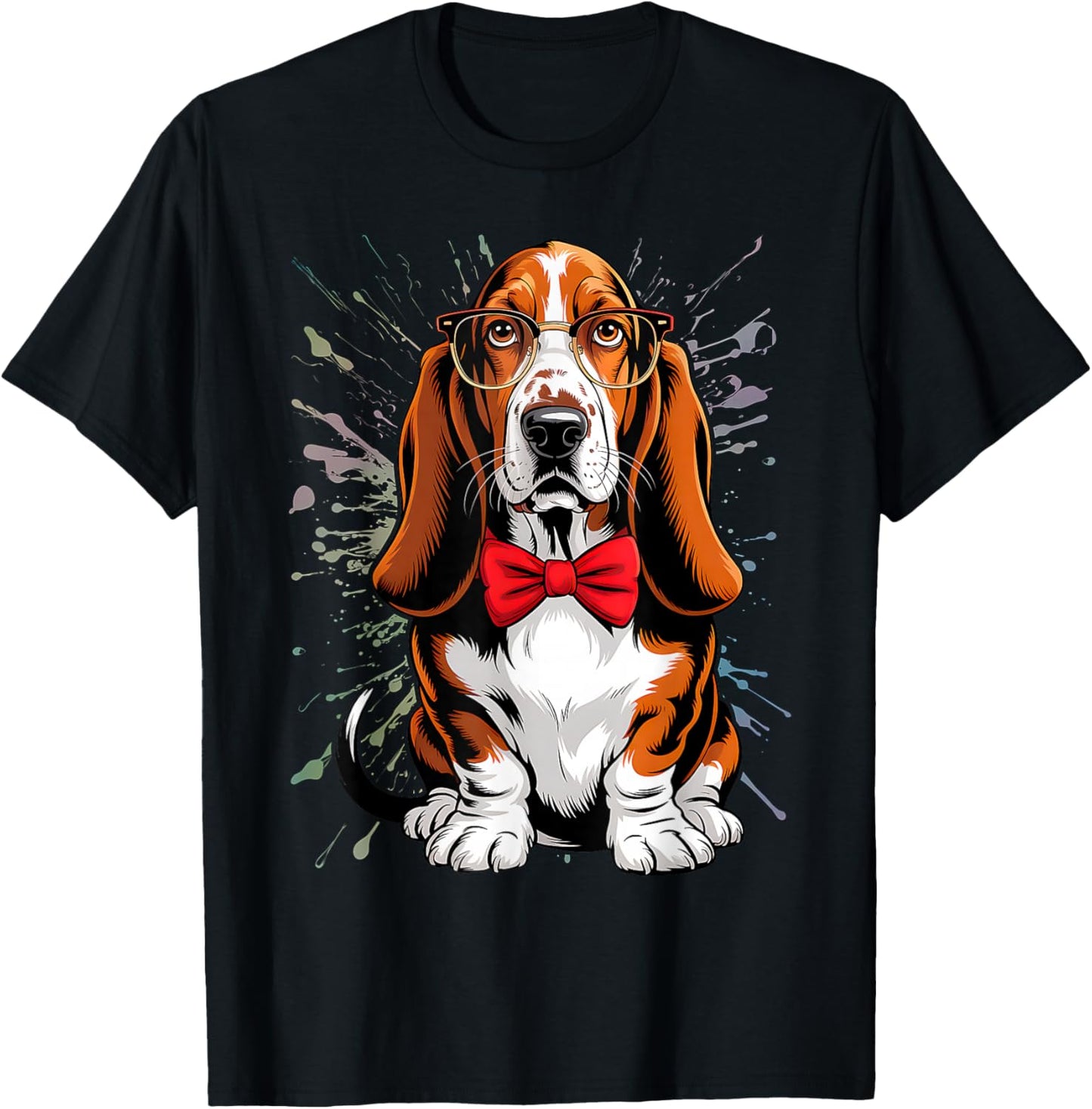 Basset Hound Dog in Classic Eyeglass and Bow Tie, Men Women T-Shirt - T-Shirt | Black