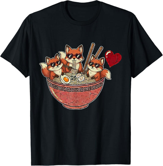 Cute Japanese Fox Ramen Noodles Anime Valentines Day T-Shirt - T-Shirt | Black