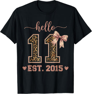 Hello Eleven EST 2015 11th Birthday Coquette 11 Year Leopard T-Shirt - T-Shirt | Black