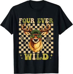 4th Birthday Four Ever Wild Deer Hunting 4 Year Old T-Shirt - T-Shirt | Black