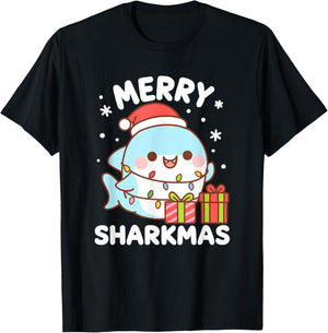 Merry Sharkmas Cute Kawaii Shark Christmas Xmas Holiday T-Shirt - T-Shirt | Black