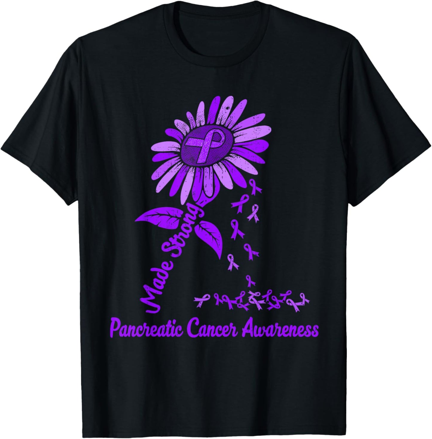 Pancreatic Cancer Awareness Sunflower Ribbon Purple Support T-Shirt - T-Shirt | Black