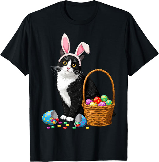 Easter Day Cat Bunny Ears Eggs Graphic Men Women Kids Funny T-Shirt - T-Shirt | Black