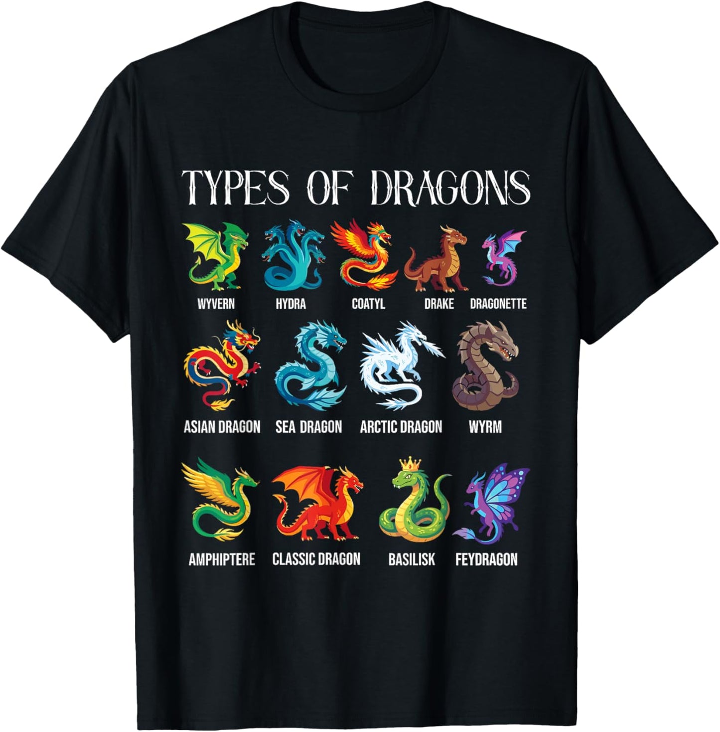 Types of Dragons Lover Fantasy T-Shirt - T-Shirt | Black