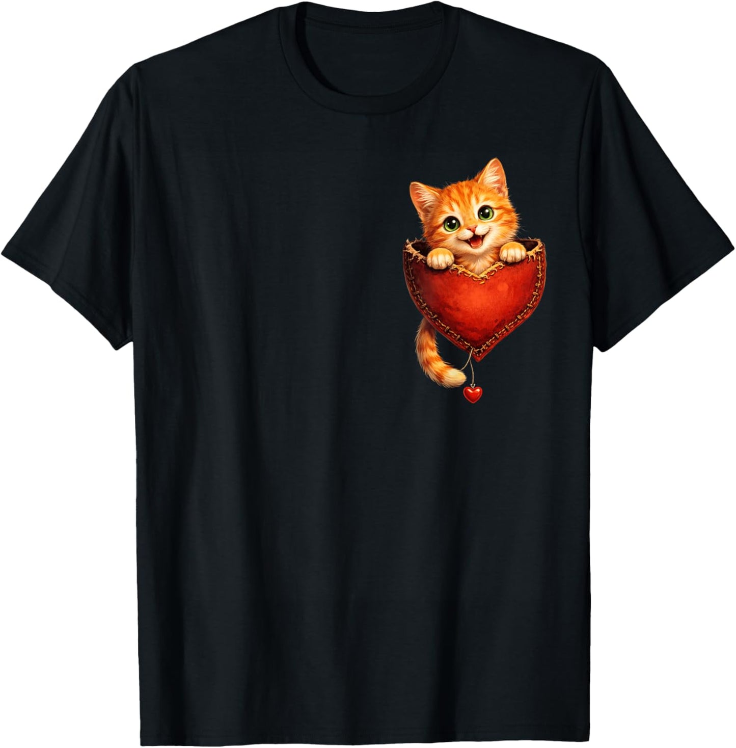 Cute Orange Pocket Kitty Funny Valentine Cat Lover Heart T-Shirt - T-Shirt | Black
