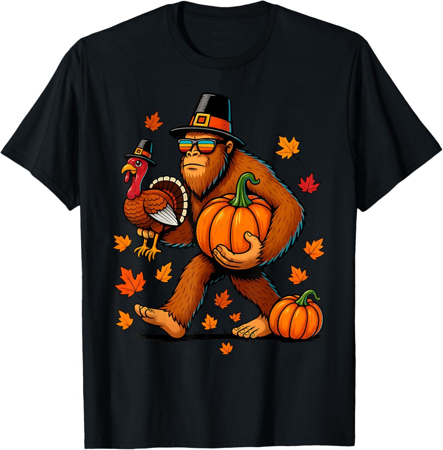 Pilgrim Turkey Pumpkin Thanksgiving Day Bigfoot Boys Men T-Shirt - T-Shirt | Black
