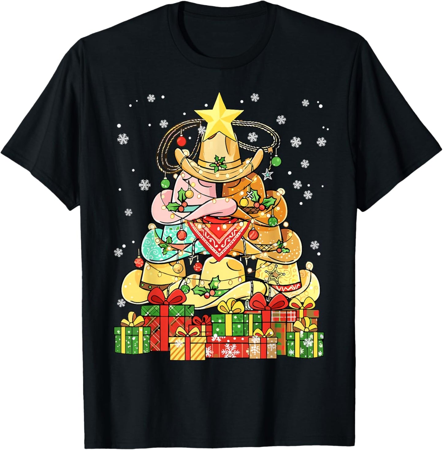 Cowboy Hat Christmas Tree Western Xmas T-Shirt - T-Shirt | Black