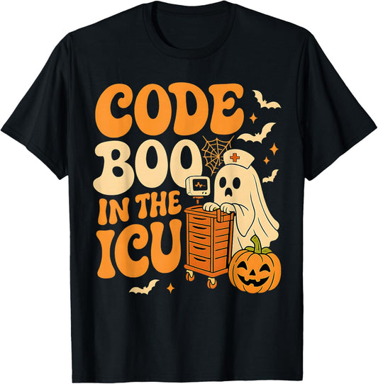 Code Boo in The ICU Nurse Halloween Costume Ghost Nursing T-Shirt - T-Shirt | Black