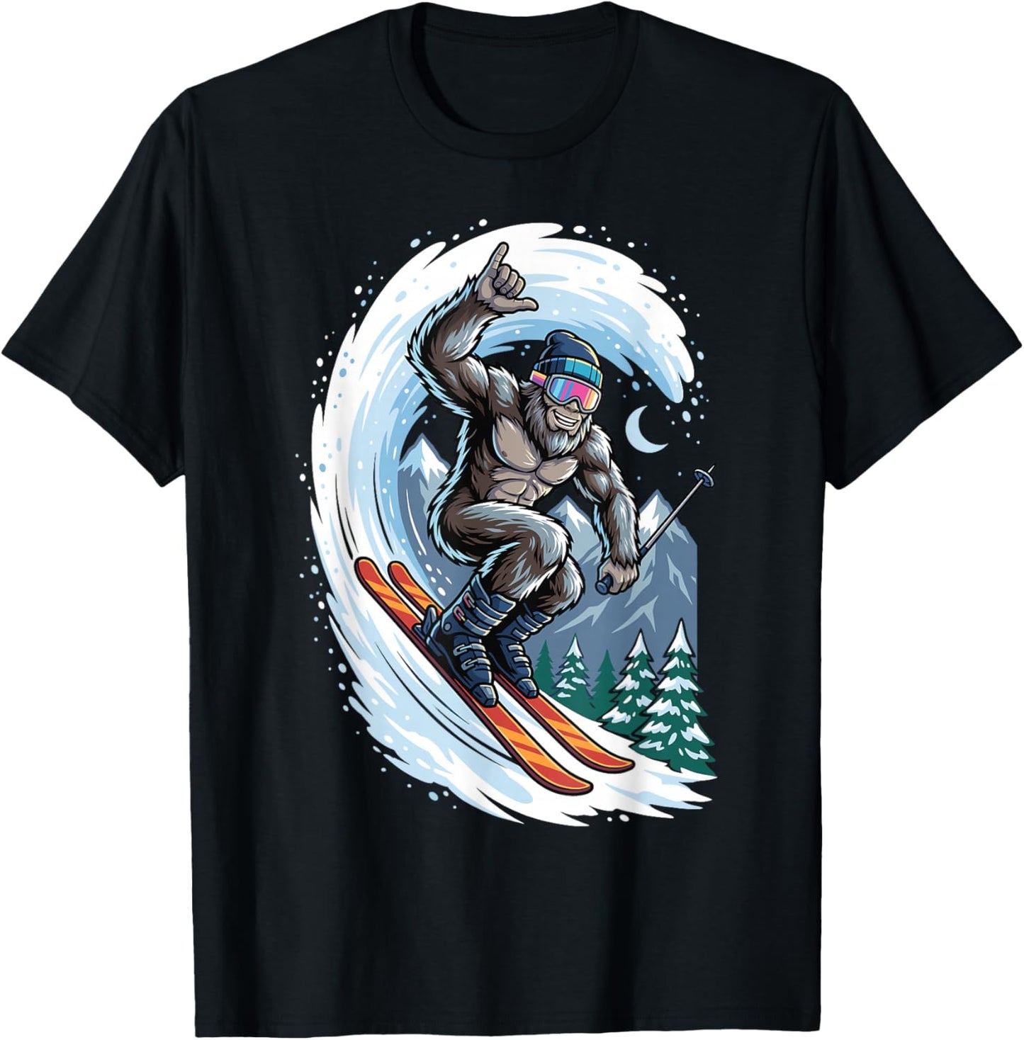 Funny Bigfoot Skiing Sasquatch Skier Winter Mountain T-Shirt - T-Shirt | Black