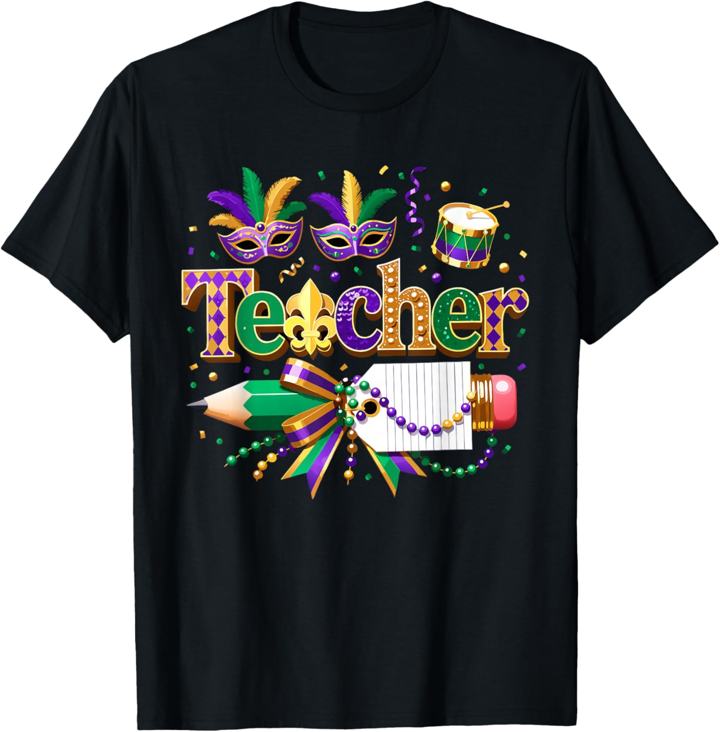 Custom Mardi Gras Teacher Coquette Pencil Holiday Mask Bow T-Shirt - T-Shirt | Black