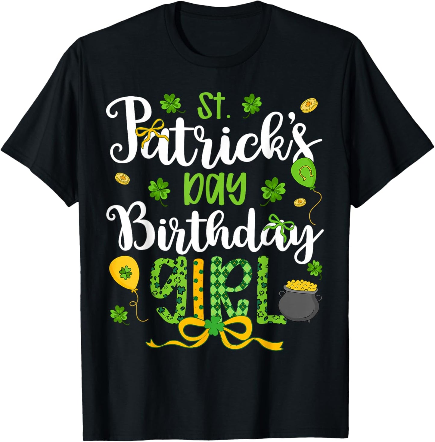 St Patricks Day Birthday Girl Coquette Bow Shamnrock Ballon T-Shirt - T-Shirt | Black