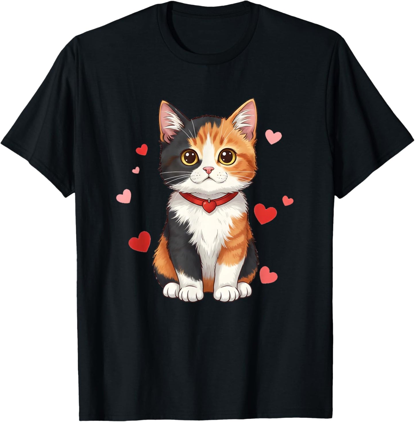 Calico Cat Kitten Valentines Mothers Fathers Day Red Hearts T-Shirt - T-Shirt | Black