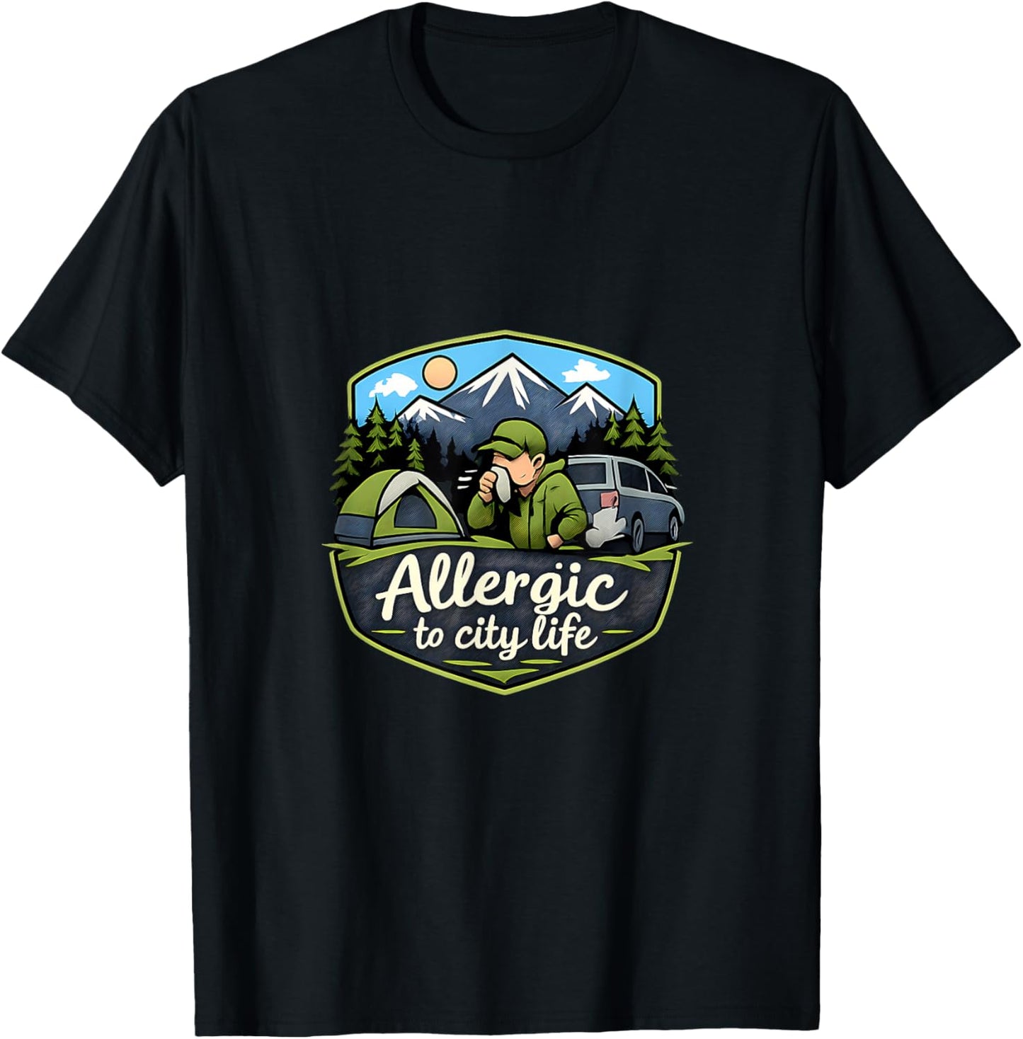 Allergic to City Life Camping Mountain Badge T-Shirt - T-Shirt | Black