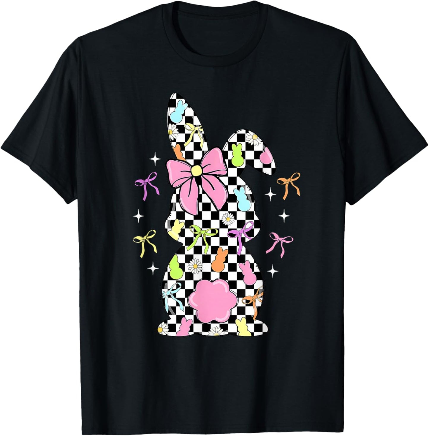 Funny Bunny Checkered Coquette Bow Rabbit Eggs Easter Retro T-Shirt - T-Shirt | Black