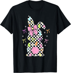 Funny Bunny Checkered Coquette Bow Rabbit Eggs Easter Retro T-Shirt - T-Shirt | Black