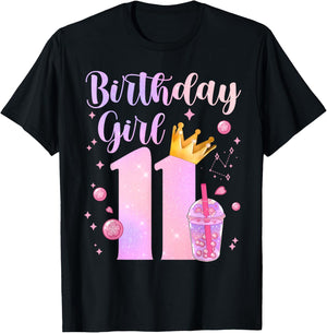Birthday Girl 11 Yrs Old Boba Tea Theme Party 11th Bday Kids T-Shirt - T-Shirt | Black