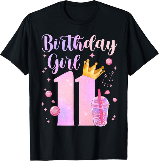Birthday Girl 11 Yrs Old Boba Tea Theme Party 11th Bday Kids T-Shirt - T-Shirt | Black