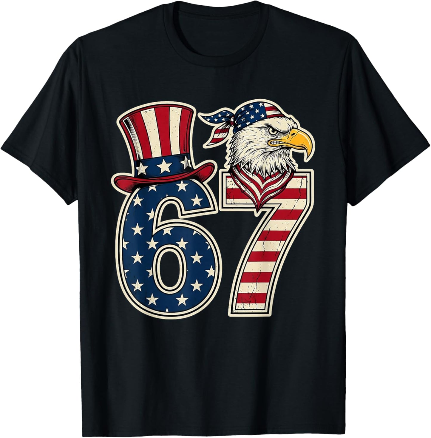 Funny 67 Six Seven Eagle 4th of July Meme USA Flag Vintage T-Shirt - T-Shirt | Black