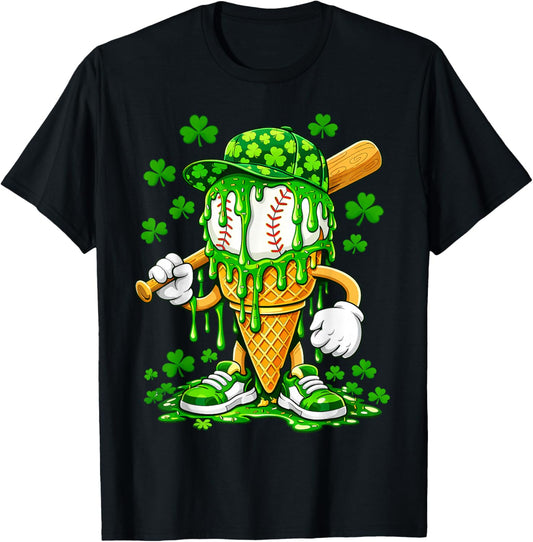 St Patricks Day Baseball Ice Cream Drip Shamrock Kids Boys T-Shirt - T-Shirt | Black