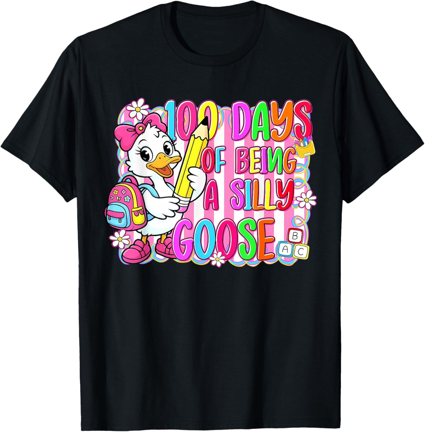 100 Days of Being Silly School Goose Floral Coquette Bow T-Shirt - T-Shirt | Black
