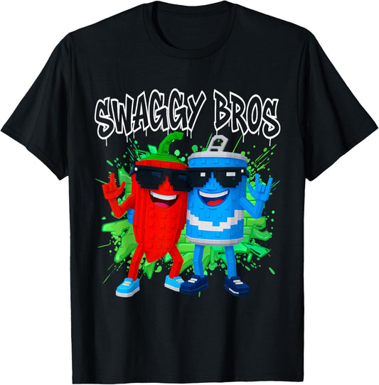 Swaggy Bros Funny Brainrot Gaming for Kids Teens T-Shirt - T-Shirt | Black