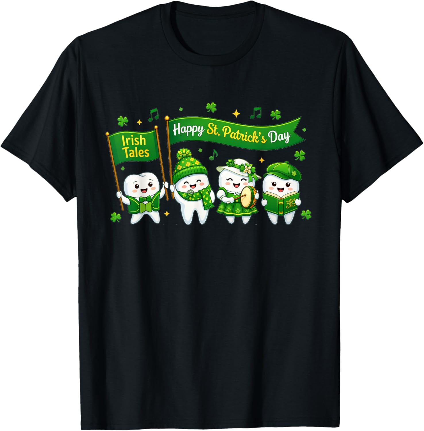 Happy st Patricks Day Dental Tooth Characters Irish Tales T-Shirt - T-Shirt | Black
