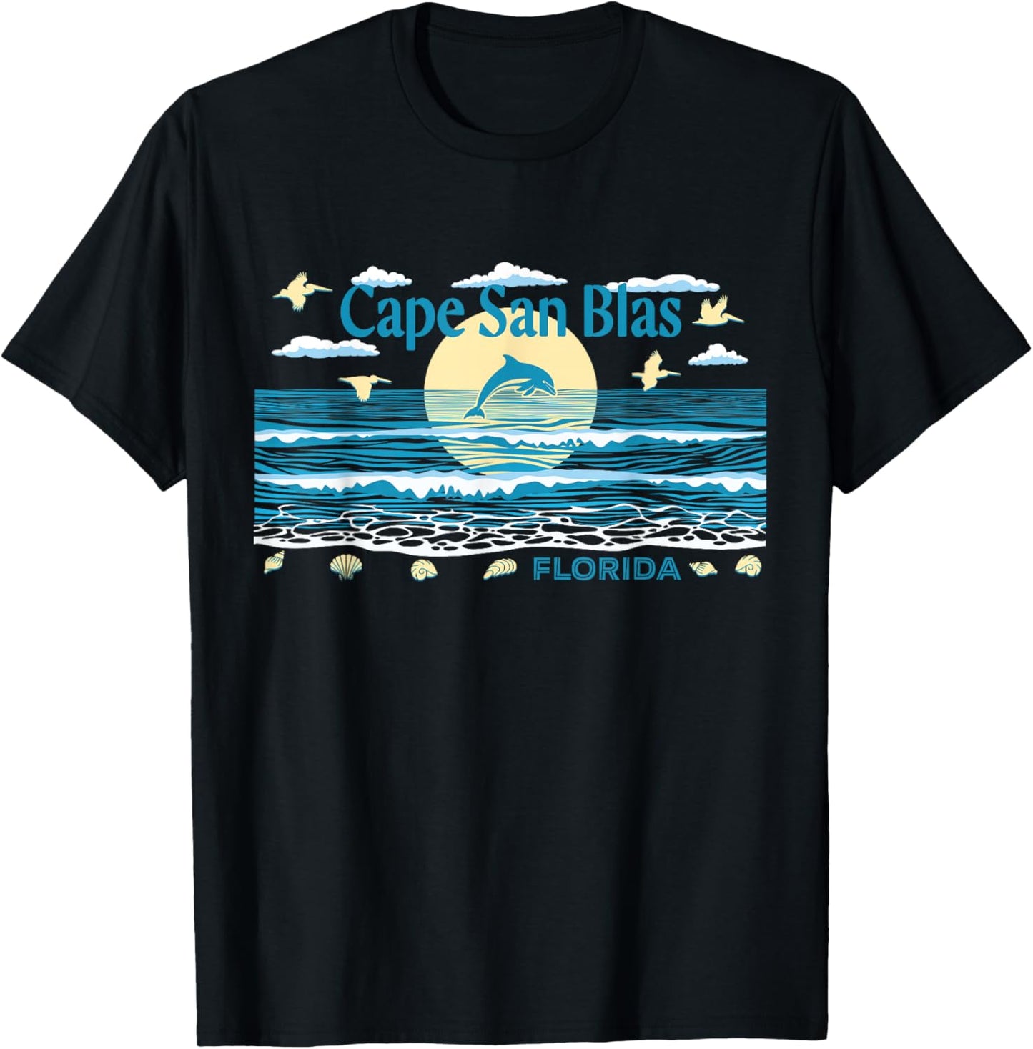 Cape San Blas FL Dolphin Pelican Waves Beach Vacation T-Shirt - T-Shirt | Black