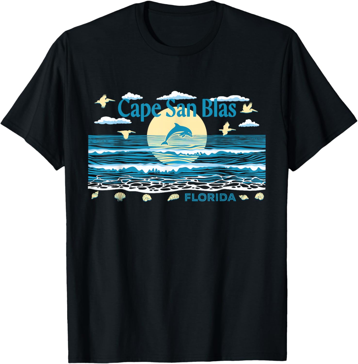 Cape San Blas FL Dolphin Pelican Waves Beach Vacation T-Shirt - T-Shirt | Black