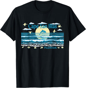 Cape San Blas FL Dolphin Pelican Waves Beach Vacation T-Shirt - T-Shirt | Black