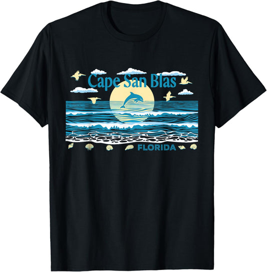 Cape San Blas FL Dolphin Pelican Waves Beach Vacation T-Shirt - T-Shirt | Black