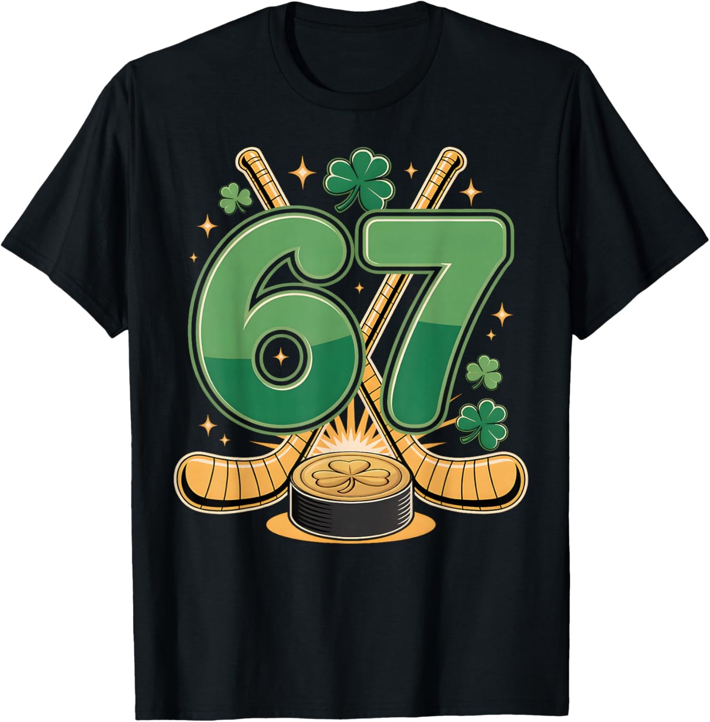 St Patricks Day Number 67 Hockey Lucky Shamrock Clover T-Shirt - T-Shirt | Black