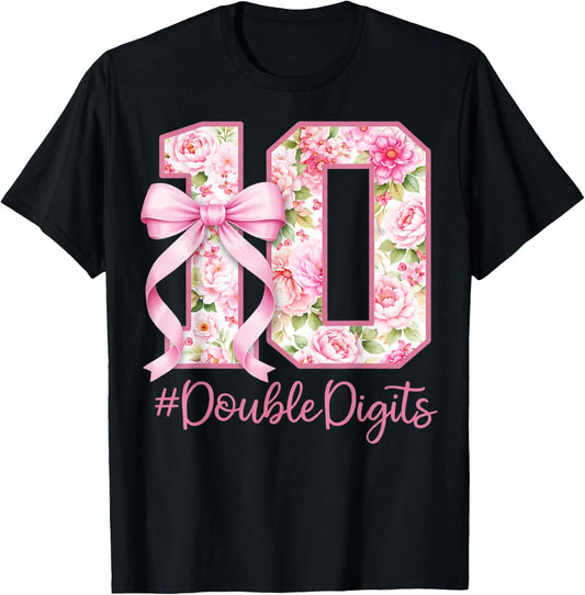 10 Years Old Double Digits Pink Coquette 10th Birthday Girl T-Shirt - T-Shirt | Black