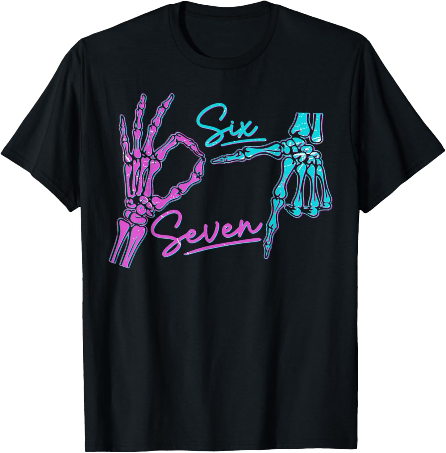 Six Seven 6 7 Meme Funny Skeleton Hands Halloween T-Shirt - T-Shirt | Black