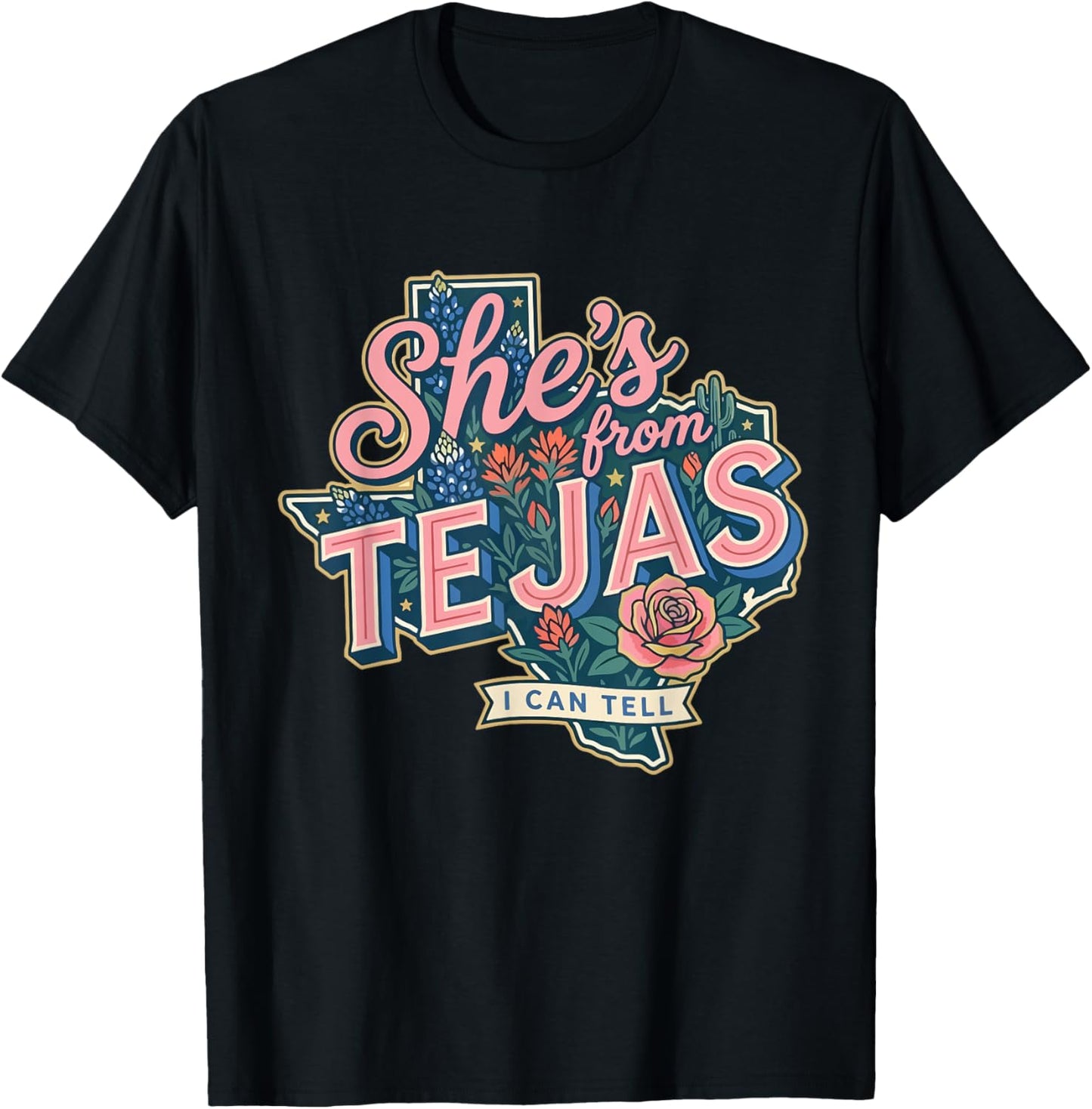 Retro Floral Funny She’s from Tejas I Can Tell Western Girly T-Shirt - T-Shirt | Black
