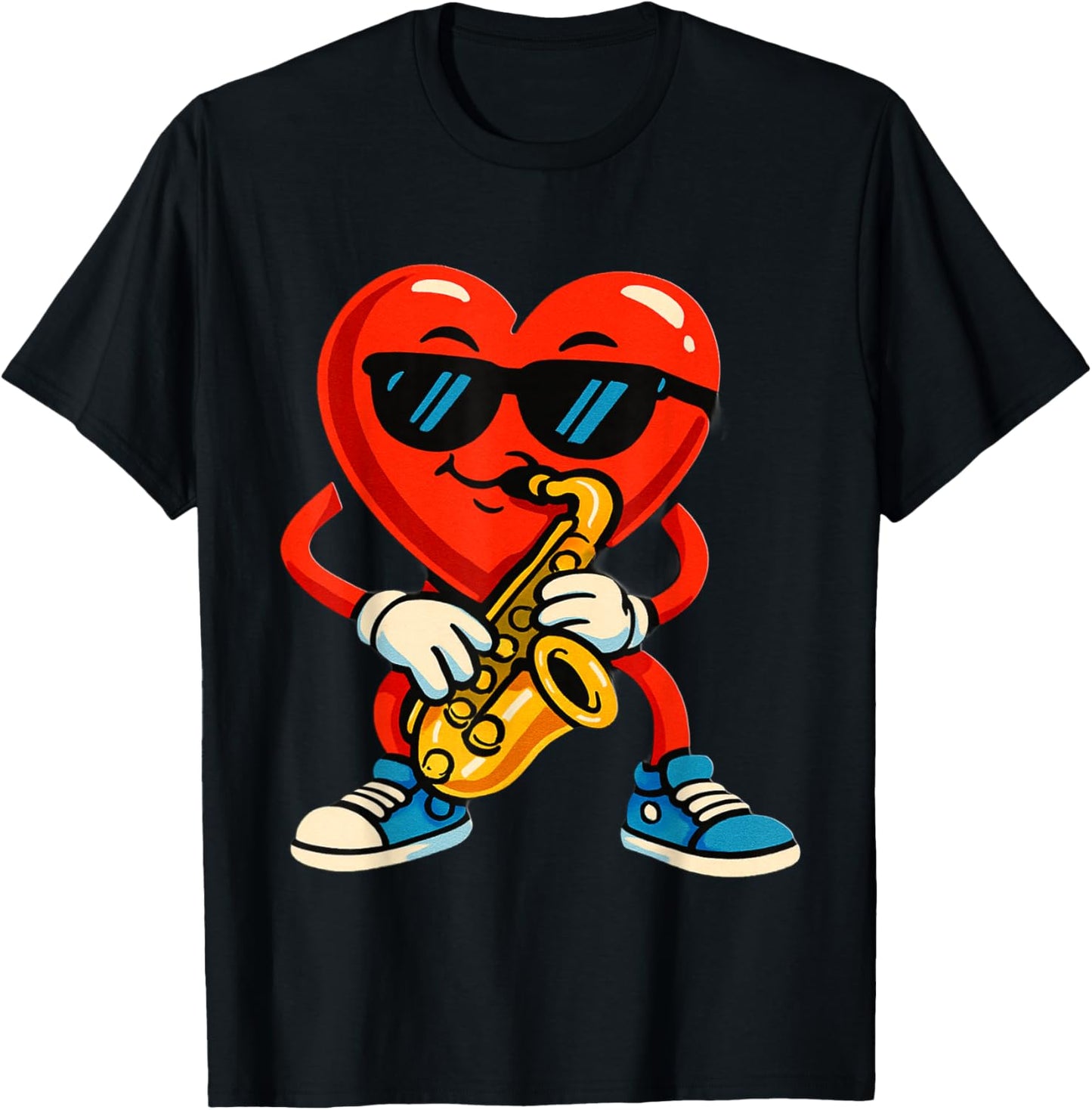 A Fun Cartoon RED Heart Playing Saxophone T-Shirt - T-Shirt | Black