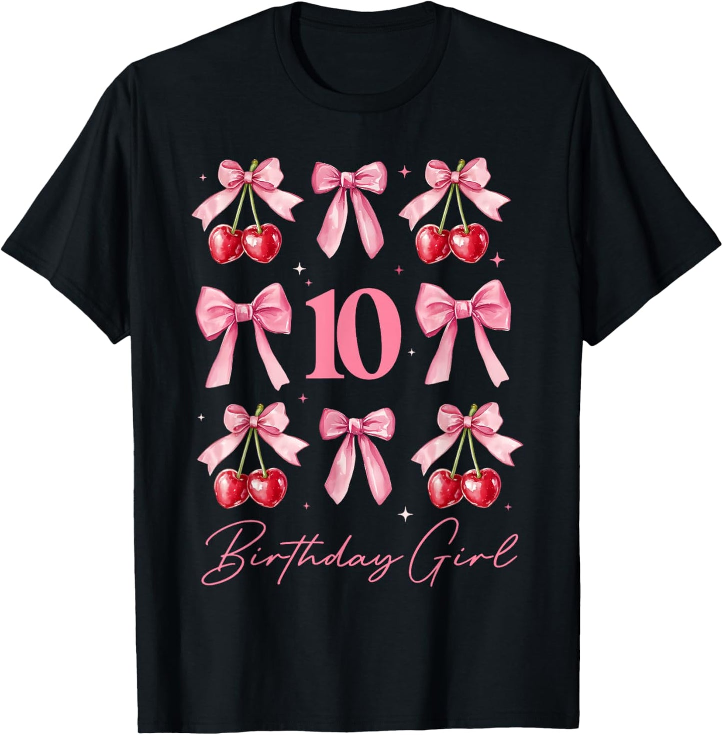 Birthday Girl 10th Birthday Cherry Coquette Bow 10 Year Old T-Shirt - T-Shirt | Black