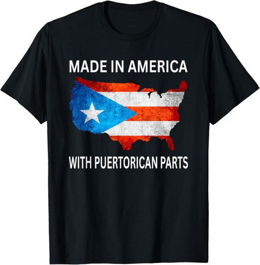 Made in America with Puerto Rico Parts Boricua and USA Pride T-Shirt - T-Shirt | Black