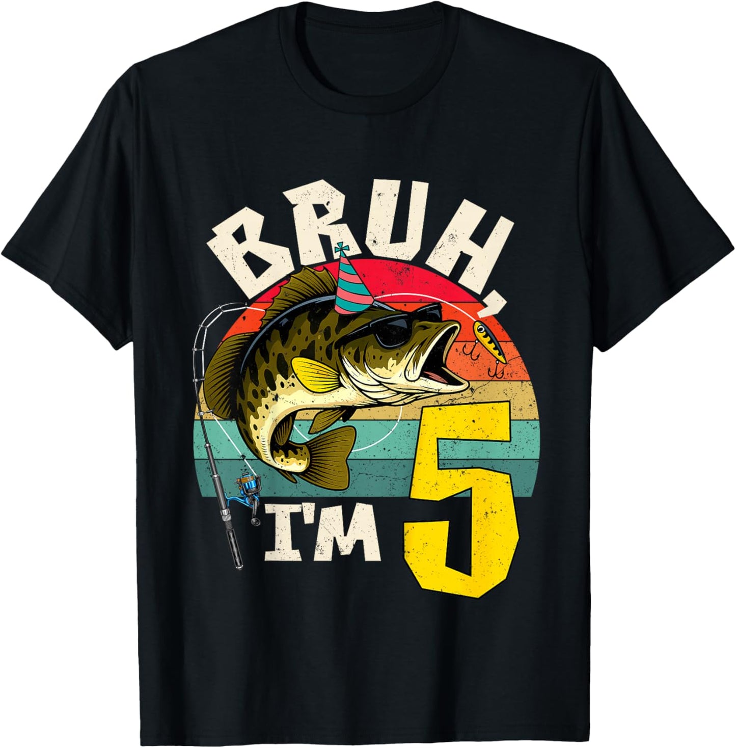 Bruh I'm 5 Years Old Fishing Birthday Theme Party T-Shirt - T-Shirt | Black