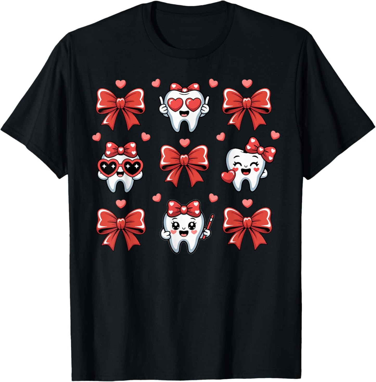 Dental Valentines Day Teeth Coquette Bow Women Girls Kids T-Shirt - T-Shirt | Black