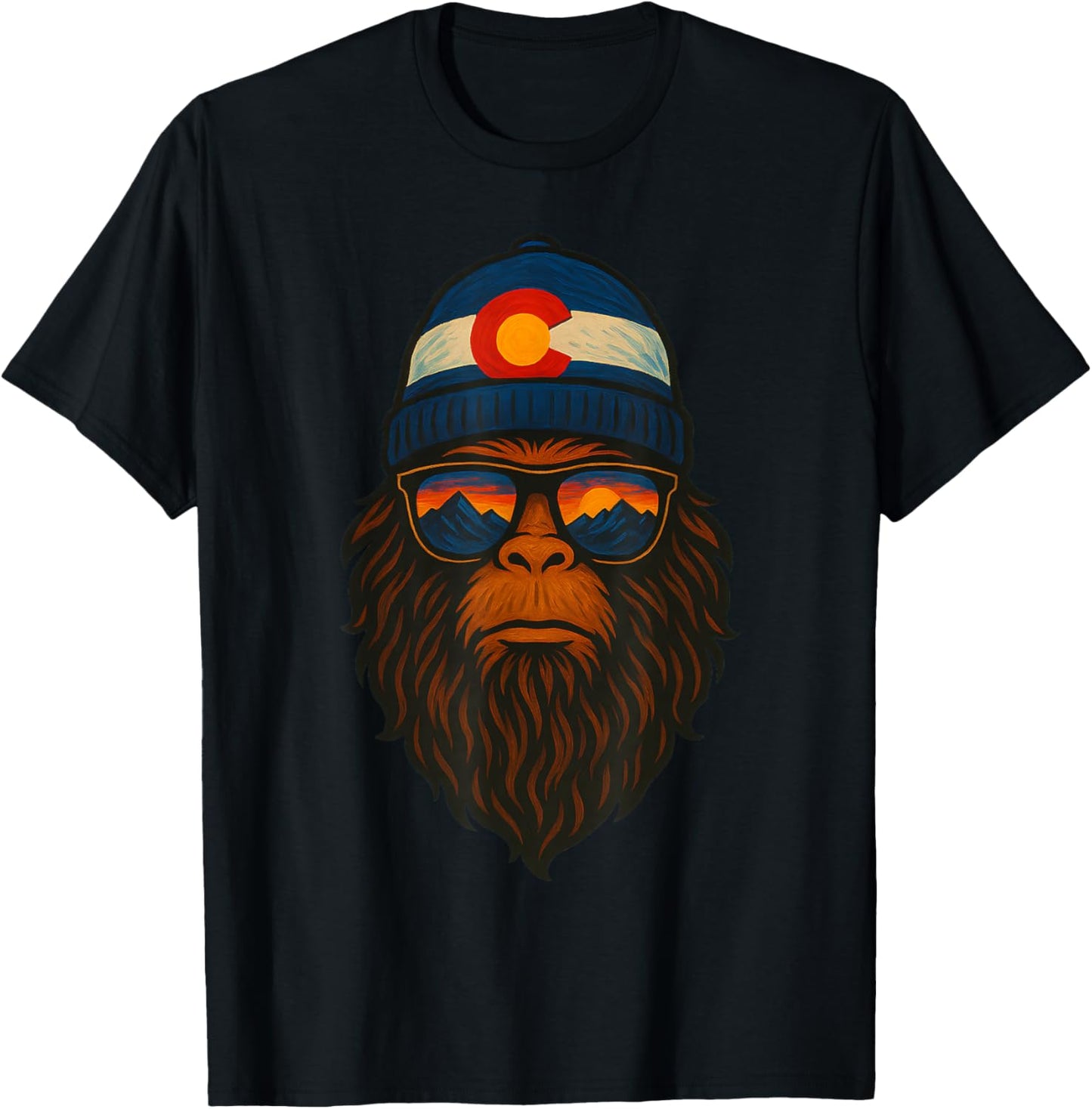 Colorado Sasquatch Beanie Sunset Mountain Bigfoot Art Retro T-Shirt - T-Shirt | Black