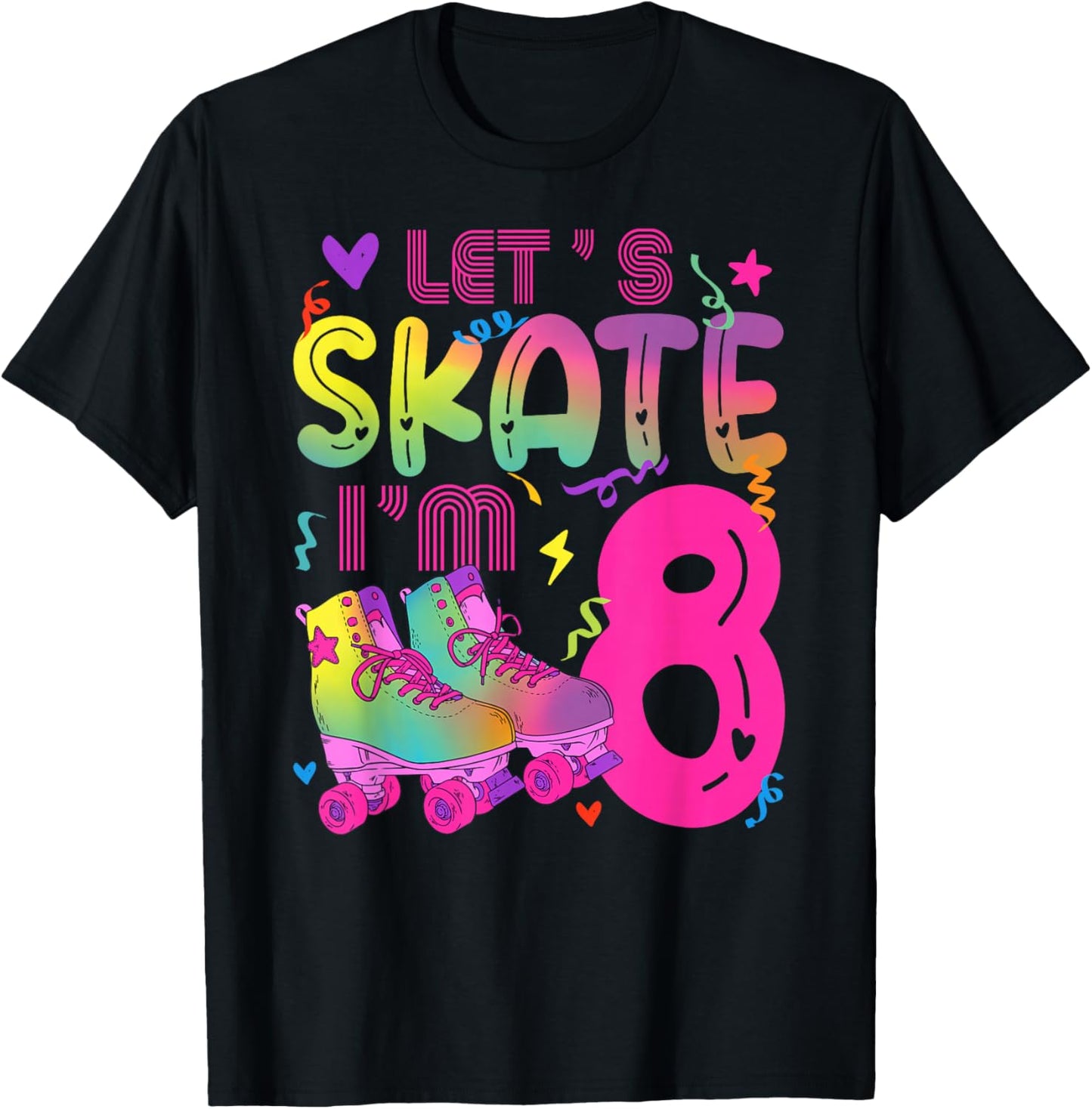 8th Roller Skate Birthday 8 Year Old Roller Skating Girl T-Shirt - T-Shirt | Black