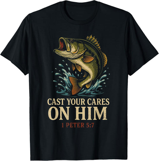 Cast Your Cares On Him 1 Peter 5 7 Quote Christian Faith T-Shirt - T-Shirt | Black