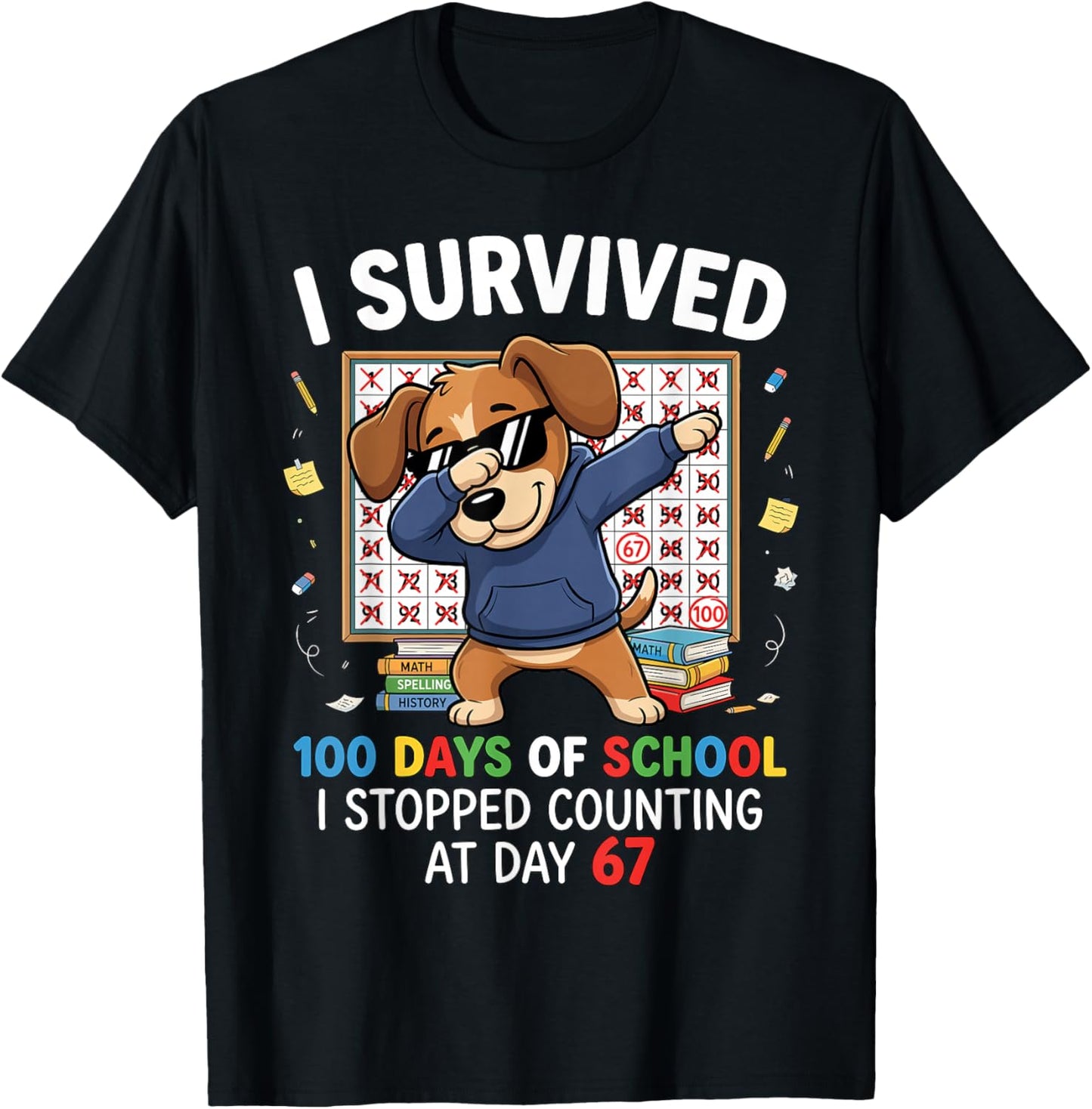100 Days of School 67 Humor Dabbing Dog Students Teachers T-Shirt - T-Shirt | Black