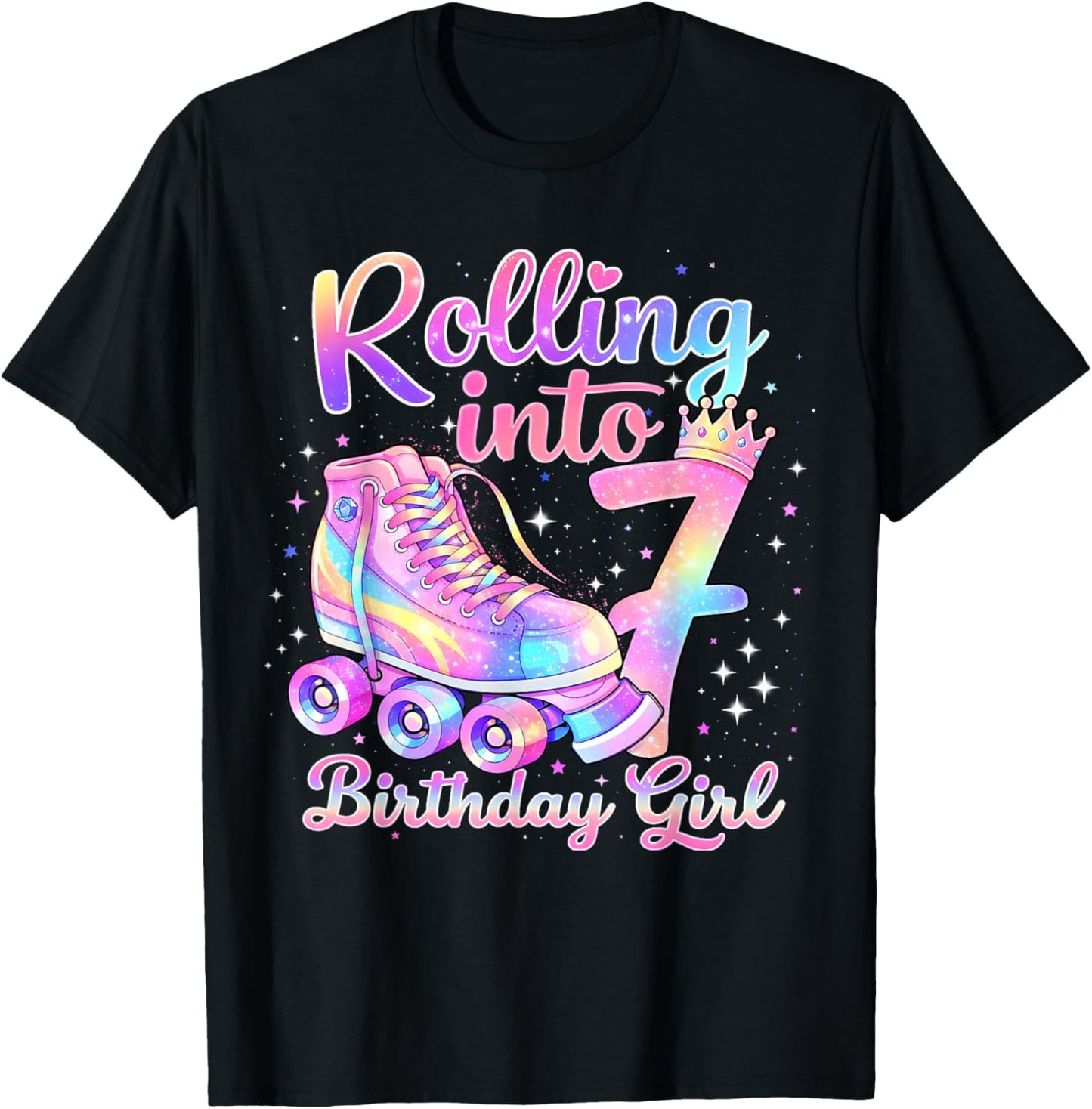 Rolling Into 7 Years Old Roller Skating Girl 7th Birthday T-Shirt - T-Shirt | Black