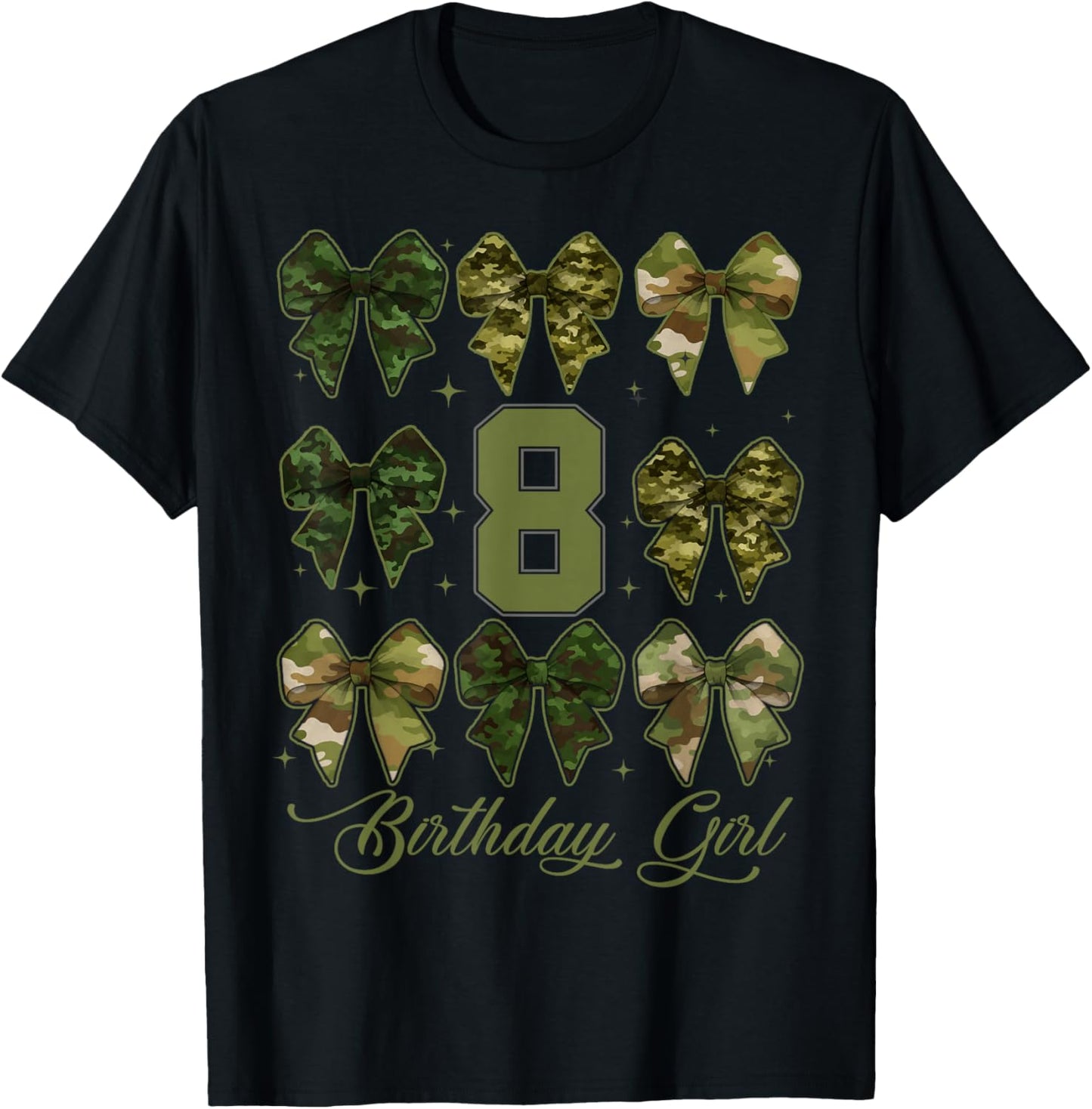 8th Birthday Girl Coquette Bows Camo 8 Year Old Birthday T-Shirt - T-Shirt | Black