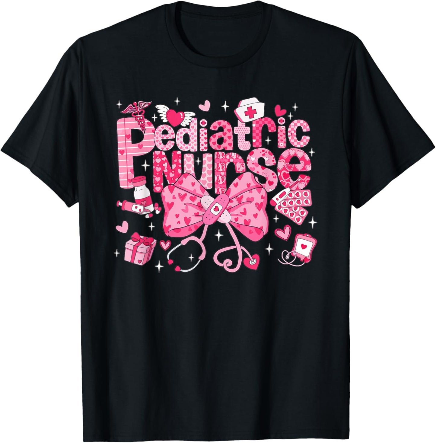 Pediatric Nurse Valentines Peds RN Heart Medical Bow T-Shirt - T-Shirt | Black