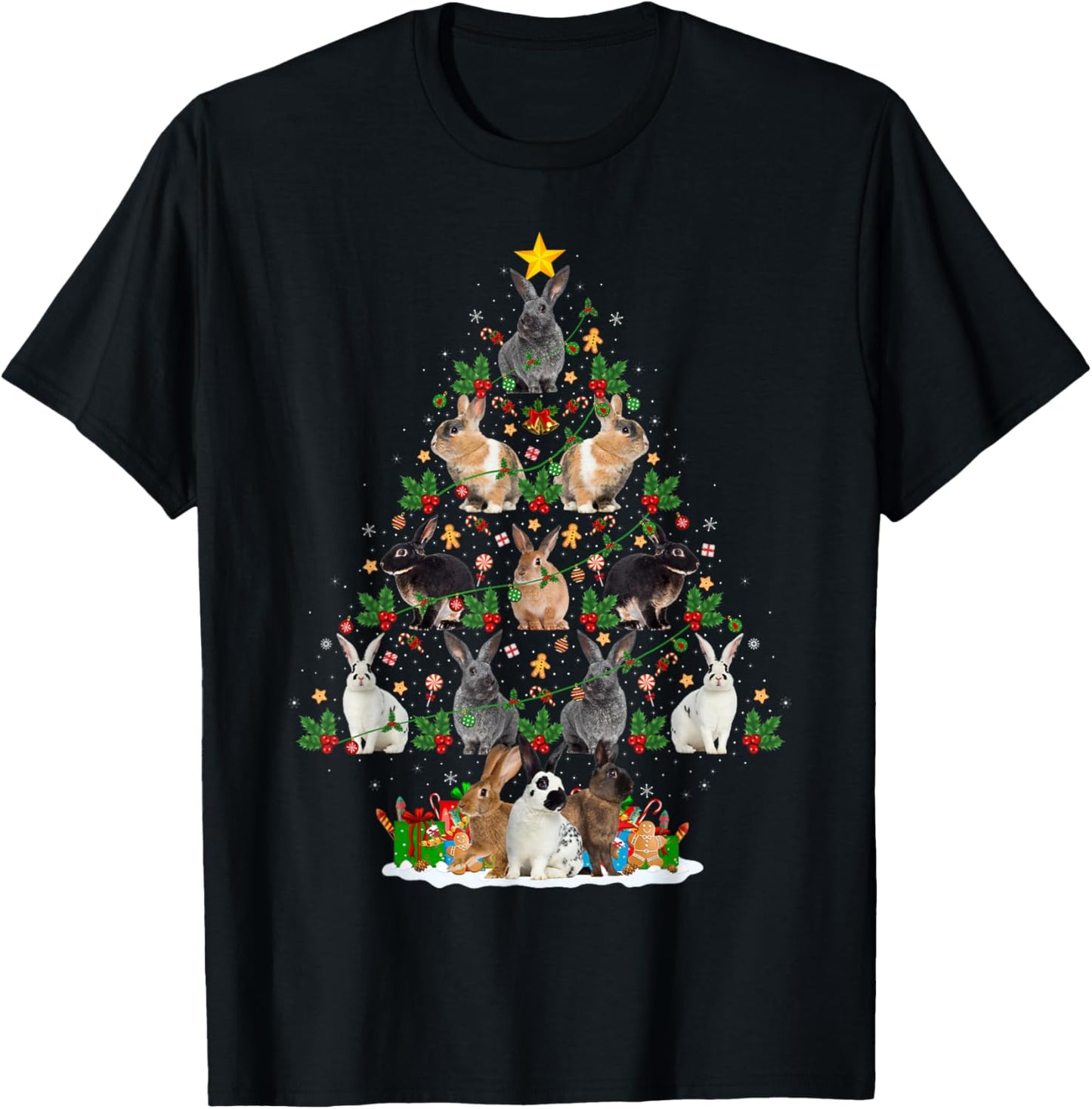 Bunny Rabbit Christmas Tree Lights Decor Pet Animals Xmas T-Shirt - T-Shirt | Black