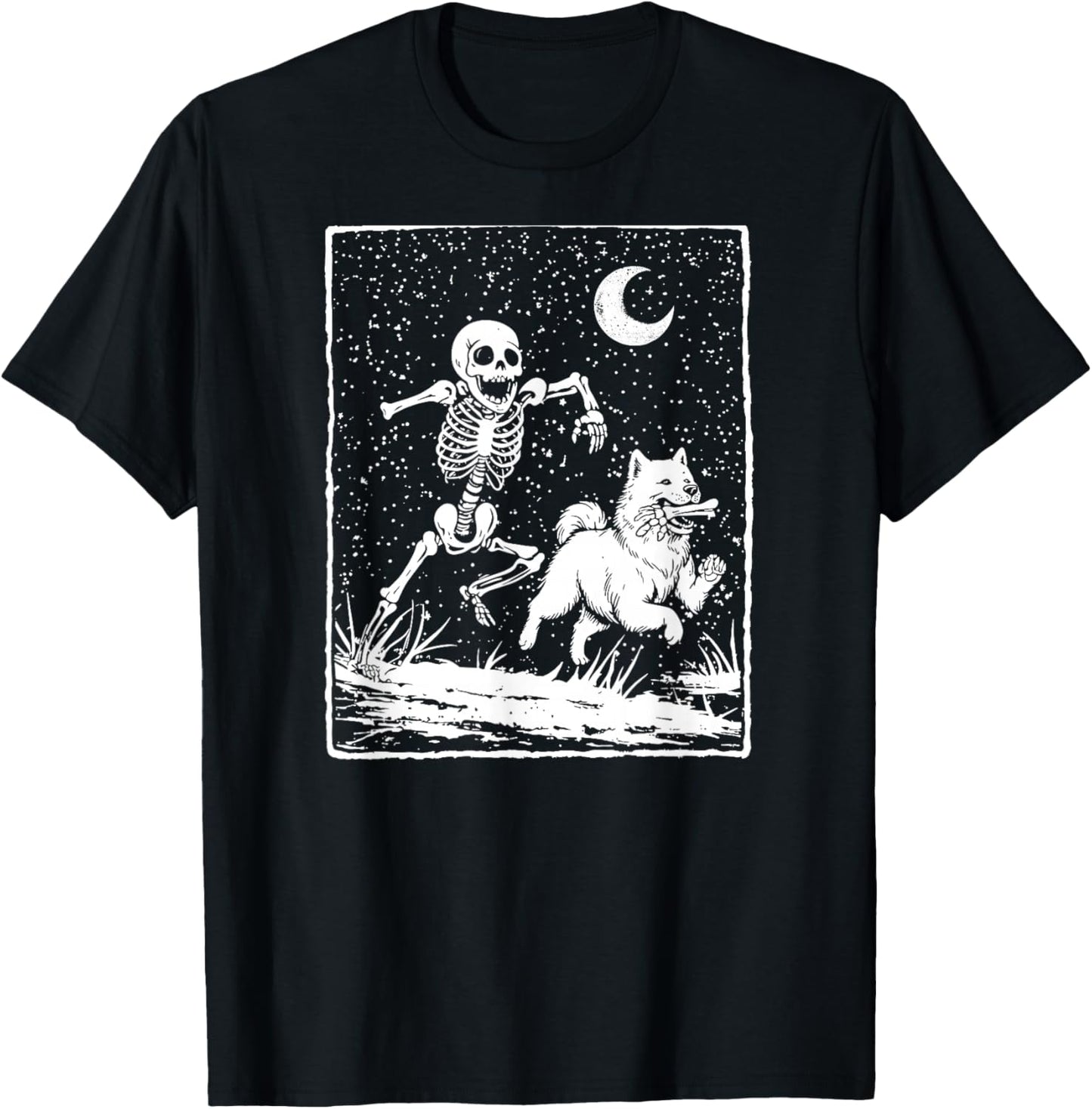 Skeleton Chasing Samoyed Dog – Spooky Halloween T-Shirt - T-Shirt | Black