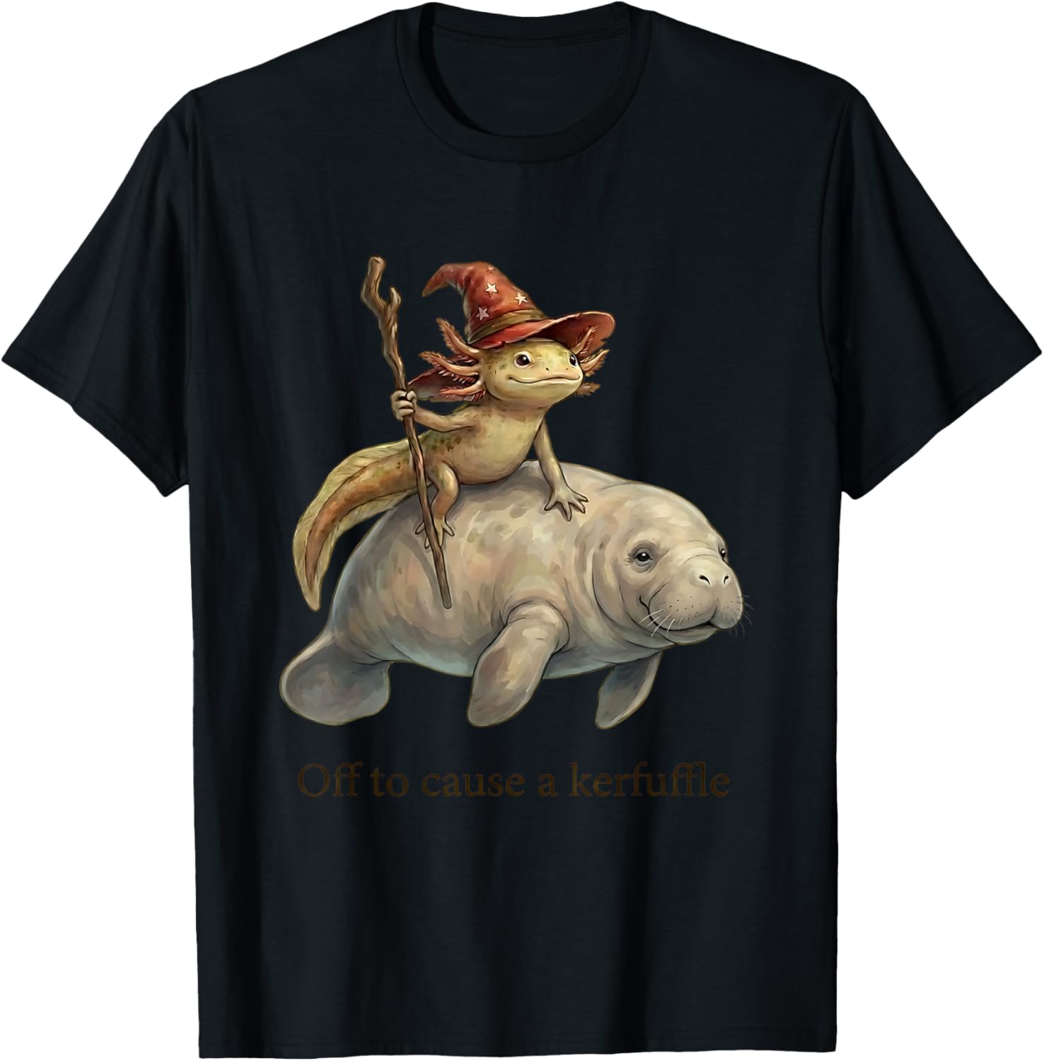 Axolotl Wizard Manatee Fish Off to Cause A Kerfuffle Funny T-Shirt - T-Shirt | Black